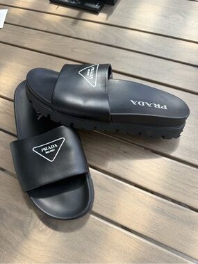 Prada Black Logo Platform Slide Sandals with White Logo